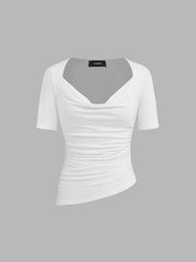 Cowl Neck Ruched Asymmetrical Hem Short Sleeve Tee