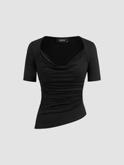 Cowl Neck Ruched Asymmetrical Hem Short Sleeve Tee