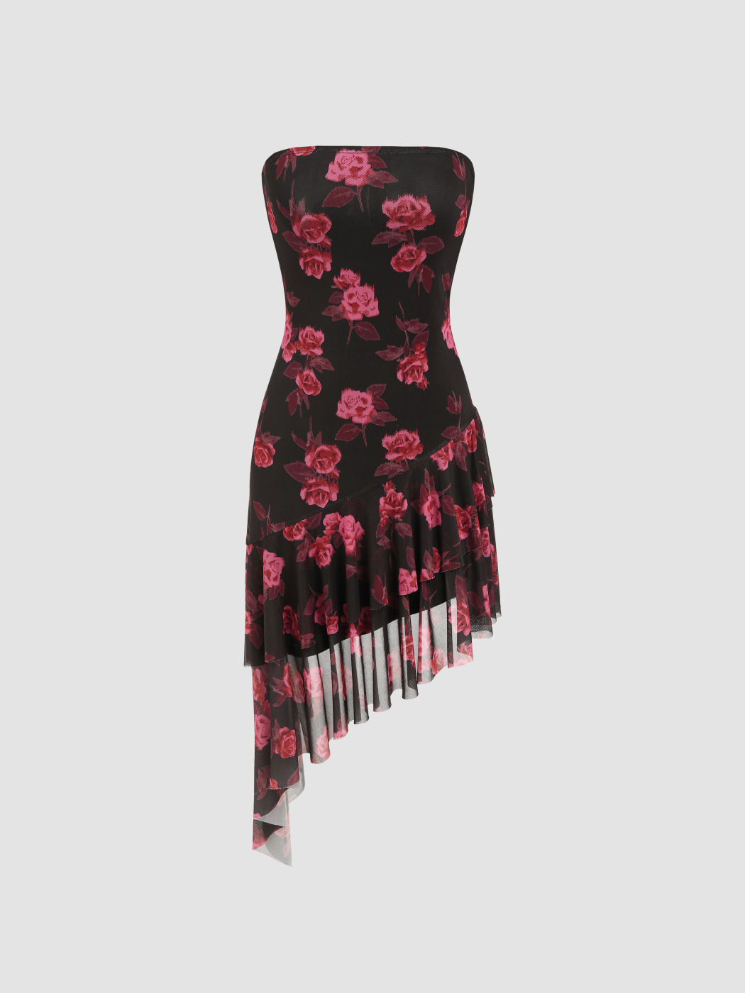 Mesh Floral Asymmetrical Hem Tube Midi Dress