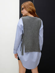 Round Neck Knit Vest Patchy Mini Shirt Dress