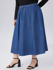 Denim Middle Waist Knotted Ruffle Midi Skirt Curve & Plus