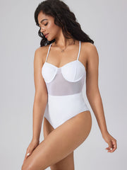 Shaping Solid Mesh Patchy One Piece Swimsuit