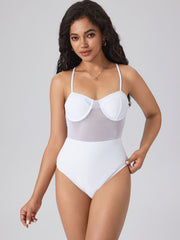 Shaping Solid Mesh Patchy One Piece Swimsuit