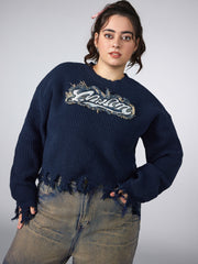 Graphic Ripped Knitted Long Sleeve Top Curve & Plus