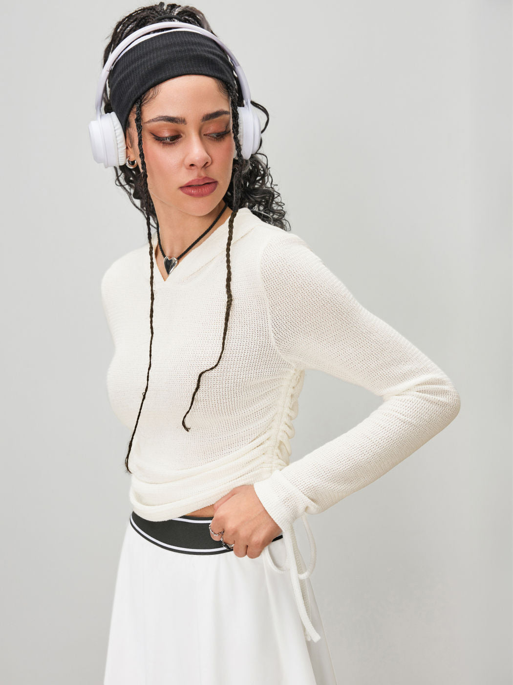 Drawstring Ruched Solid Hoodie