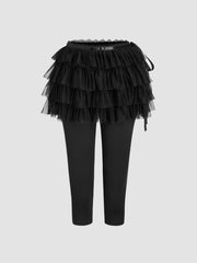 Satin Mid Rise Layered Tulle Ruffle Skort