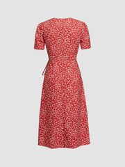 V-neck Ditsy Floral Knotted Midi Dress