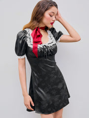 Lace Trim Floral Puff Sleeve Mini Dress