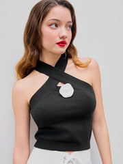 Stand Collar Rosette Knitted Crop Top