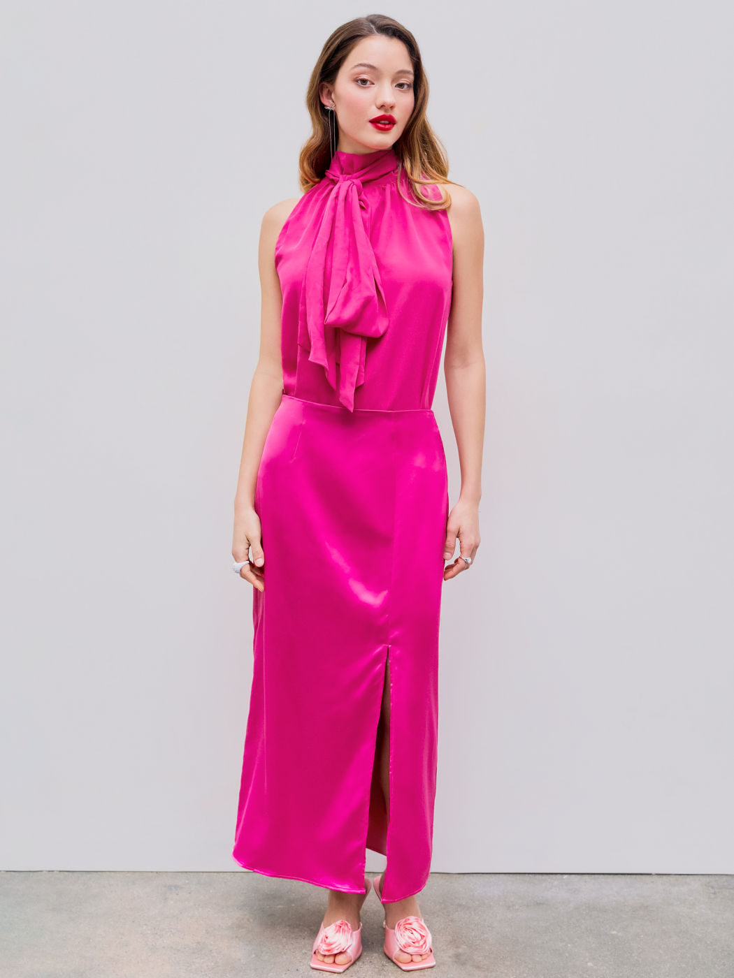 Satin Stand Collar Bowknot Top & Split Maxi Skirt
