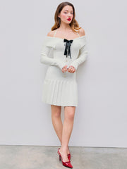 Off-shoulder Bowknot Pleated Knitted Mini Dresses