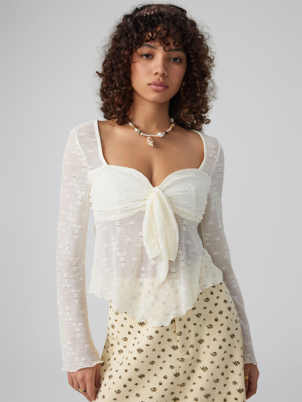 Lace Square Neck Knotted Long Sleeve Top