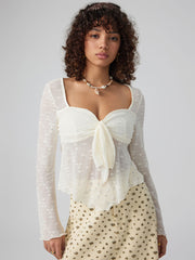 Lace Square Neck Knotted Long Sleeve Top