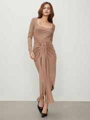 Rib Knit Square Neck Solid Twist Maxi Dress