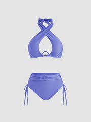 Solid Criss Cross Halter Underwire Bikini Set