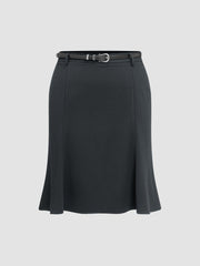 Woven Mid Rise Solid Midi Skirt With Belt Curve & Plus