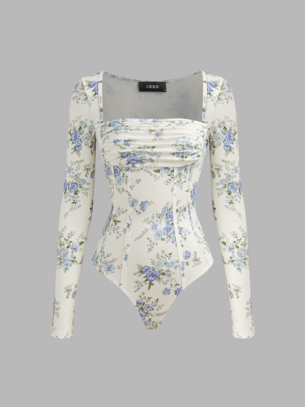 Square Neck Floral Ruched Corset Bodysuit