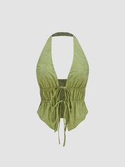 Halter V-neck Knotted Ruched Crop Top