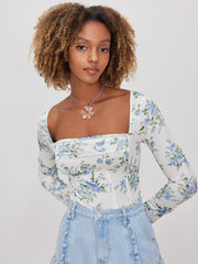 Square Neck Floral Ruched Corset Bodysuit