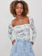 Square Neck Floral Ruched Corset Bodysuit