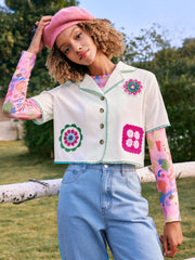Collar Lace Trim Floral Graphic Button Crop Blouse