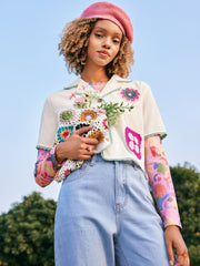 Collar Lace Trim Floral Graphic Button Crop Blouse