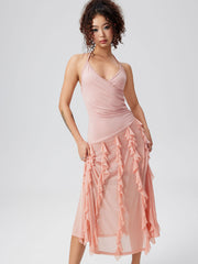 Ruched Ruffle Hem Backless Maxi Dress
