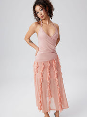 Ruched Ruffle Hem Backless Maxi Dress