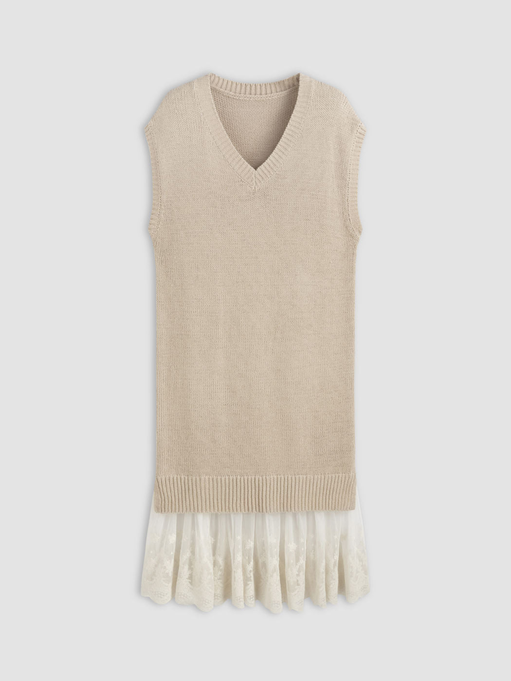 Knitted V-neck Tulle Patchy Ruffle Hem Midi Dress