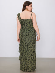Mesh Asymmetrical Neck Ruffle Hem Floral Maxi Dress Curve & Plus