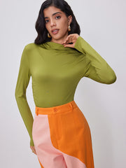 Round Neckline Solid Ruched Bodysuit