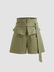 High Rise Ruffle Trim Solid Shorts With Belt