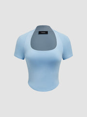 Square Neck Solid Short Sleeve Crop Top