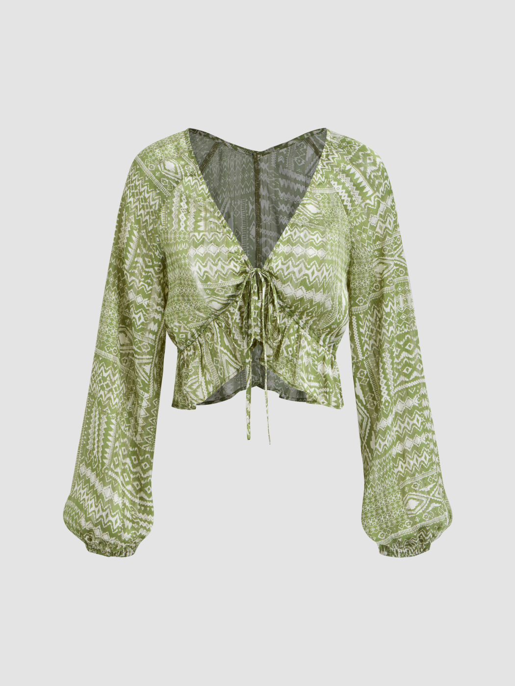V-neck Paisley Ruffle Trim Knotted Long Sleeve Blouse