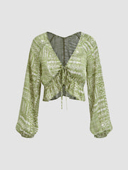 V-neck Paisley Ruffle Trim Knotted Long Sleeve Blouse