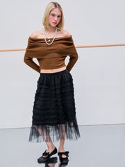Off-shoulder Knitted Ruched Bell Sleeve Top