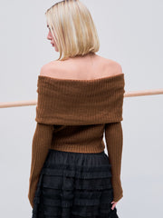Off-shoulder Knitted Ruched Bell Sleeve Top