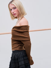 Off-shoulder Knitted Ruched Bell Sleeve Top