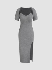 Knitted Scoop Neckline Split Midi Dress & Shrug