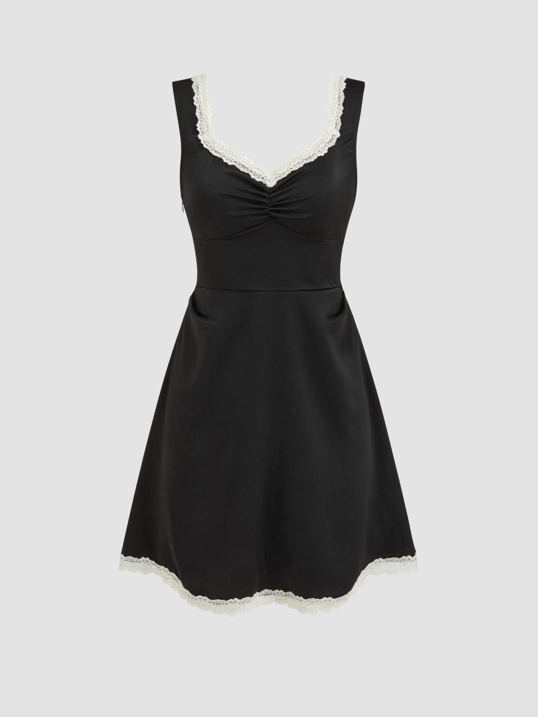 Satin V-neck Solid Bowknot Contrasting Lace Mini Dress