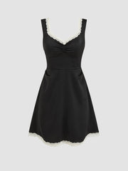 Satin V-neck Solid Bowknot Contrasting Lace Mini Dress