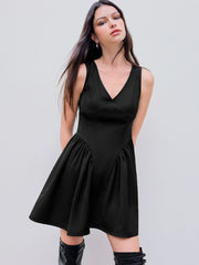 V-neck Pleated Sleeveless Mini Dress