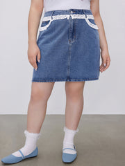 Denim Mid Rise Contrasting Lace Mini Skirt Curve & Plus