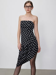 Spot Asymmetrical Hem Ruched Tube Midi Dress