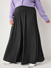 Solid Jersey Middle Waist Ruffle Pocket Wide Leg Trousers Curve & Plus