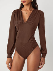 Jersey V-neck Solid Ruched Bodysuit
