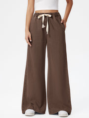 Leslie Denim High Waist Solid Tie Front Wide Leg Trousers