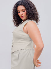 Linen-blend V-neck Solid Button Jacket Vest Curve & Plus