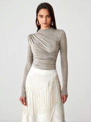 Stand Collar Ruched Long Sleeve Tee