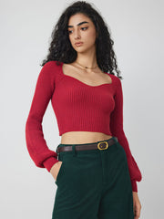 Knit V-neck Solid Lantern Sleeve Crop Top